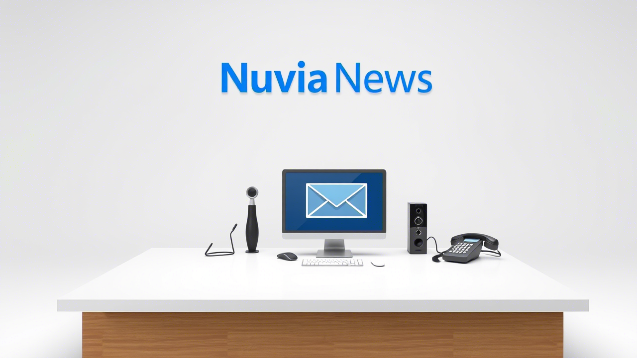 Friendly Nuvia News contact desk illustration with envelope icon and telephone, clean background