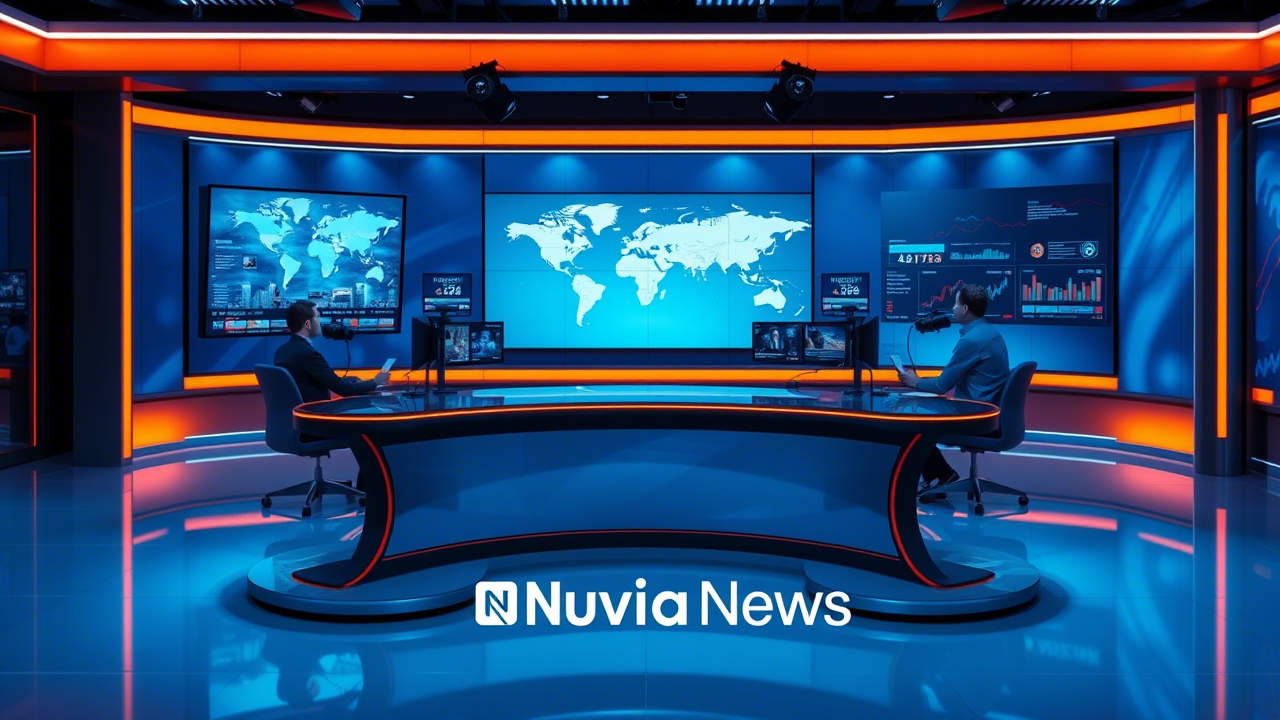 Nuvia News homepage banner with modern newsroom desk and world map screens, in vibrant blues and oranges