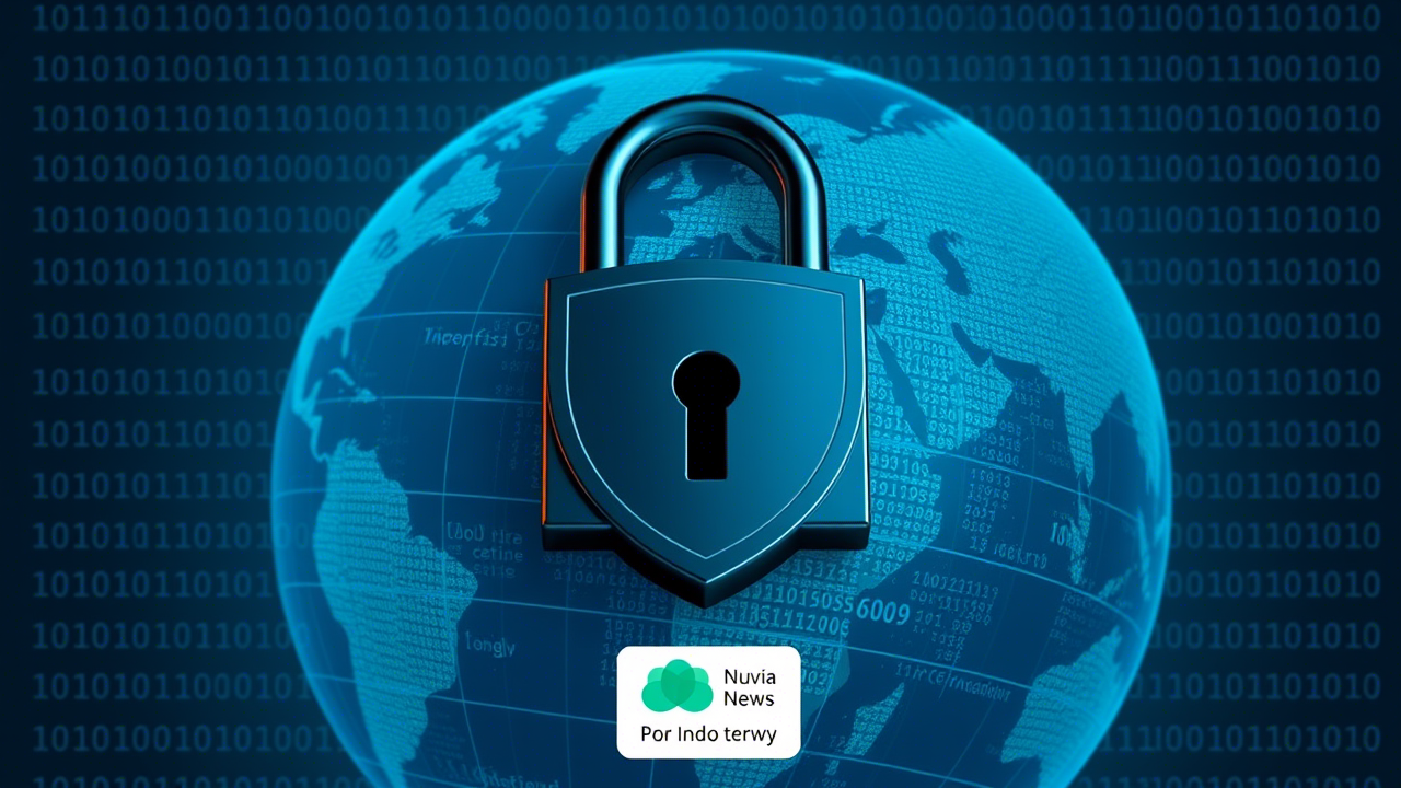 Lock and shield icon over digital globe with binary code background, representing Nuvia News privacy policy